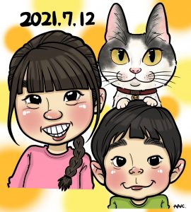 子供2人と愛猫と一緒の似顔絵